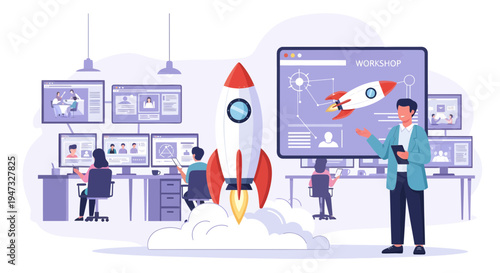 Startup Rocket Launch Business Growth Strategy Meeting.