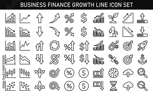 Business finance growth line icon set including profit chart investment percentage money market trend analytics arrow outline vector illustration collection