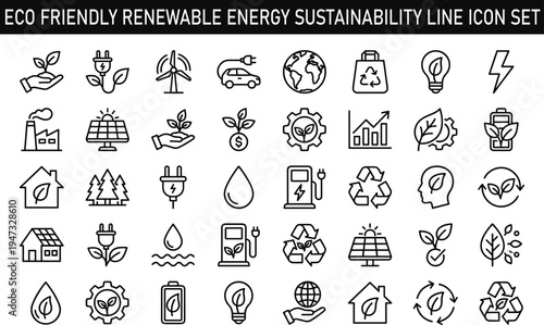Eco friendly renewable energy sustainability line icon set including solar panel wind turbine electric vehicle recycling green technology environmental protection outline vector illustration