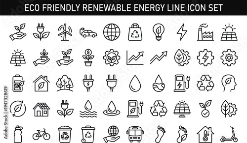 Eco friendly renewable energy line icon set including solar panel wind turbine electric car recycling sustainability green technology outline vector illustration