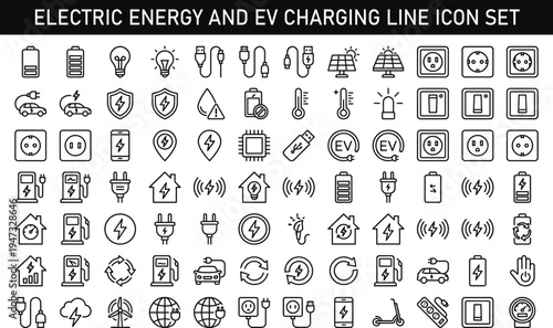 Electric energy and EV charging line icon set including battery power plug socket renewable electricity charging station smart energy outline vector illustration collection
