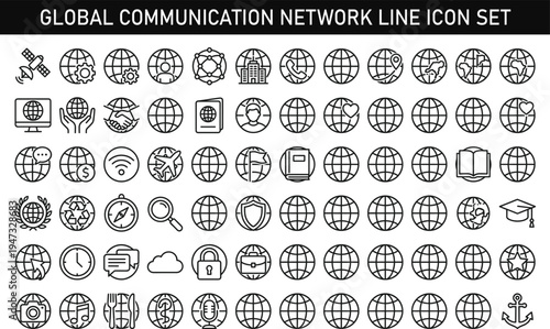 Global communication network line icon set including world globe internet connection satellite navigation worldwide business travel outline vector illustration collection