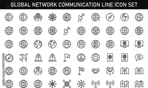 Global network communication line icon set including world map internet connection satellite navigation location business worldwide outline vector illustration collection
