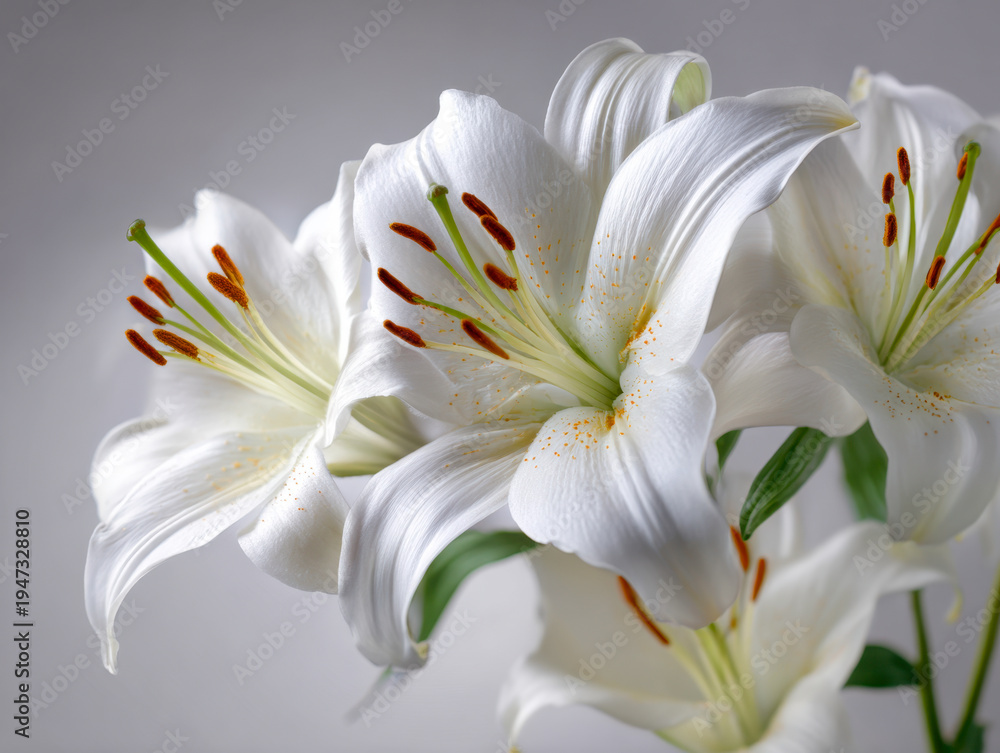 Fototapeta premium Elegant white lilies with vibrant orange pollen-covered stamens blooming gracefully against a soft gray background perfect for floral and nature themes