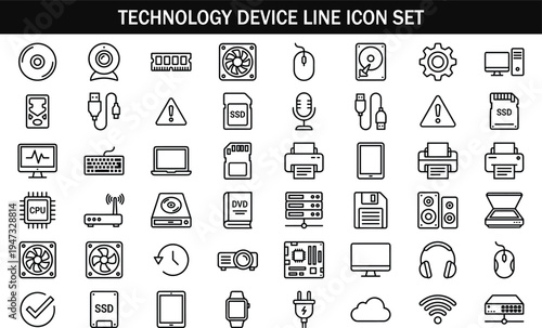 Technology device line icon set including computer hardware SSD USB microphone printer router CPU monitor keyboard mouse cloud network outline vector illustration