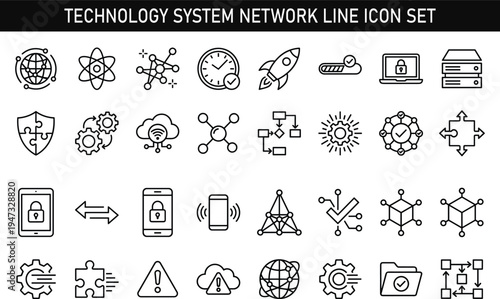 Technology system network line icon set including cybersecurity cloud computing data connection blockchain automation workflow digital security outline vector illustration collection