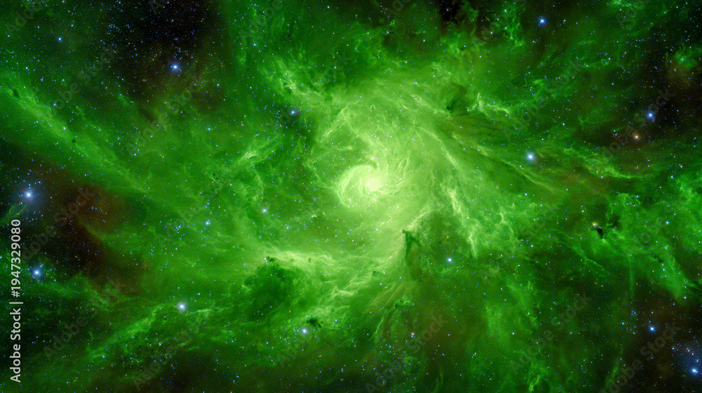 Fototapeta premium Stunning vibrant green spiral galaxy with swirling cosmic clouds and bright stars illuminating the vast depths of outer space in a mesmerizing celestial scene