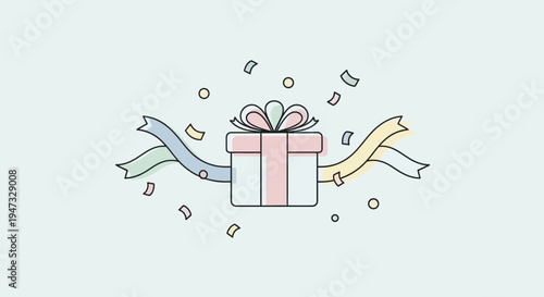Illustration of a gift box with ribbons and confetti celebrating a special occasion.