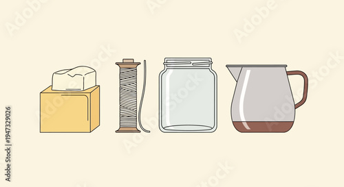 Set of kitchen utensils including butter, measuring cup, jar, and coffee pot illustration.