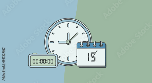 Conceptual illustration of time management with clock calendar and stopwatch icons.