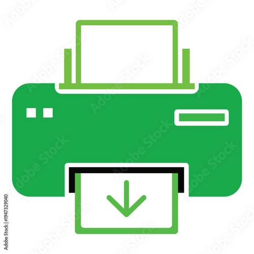 Green printer icon with paper output and download symbol