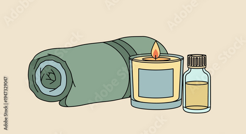 Set of aromatherapy items including rolled towel, lit candle, and essential oil bottle for relaxation and spa.