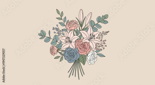 Delicate hand-drawn bouquet of pastel roses and greenery on beige background.