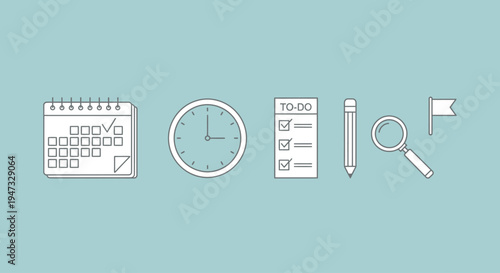 Set of productivity and planning icons including calendar clock checklist pen and magnifying glass.