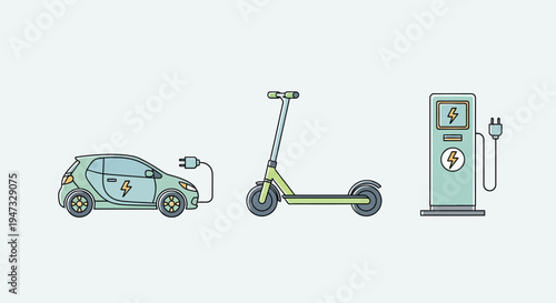 Illustration of electric vehicle, electric scooter, and charging station for sustainable transportation.