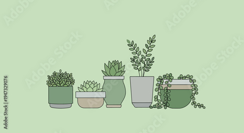 Illustration of various potted green plants and foliage in simple modern pots.