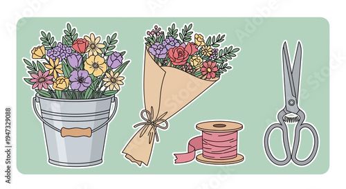 Illustration of flower bouquet, potted flowers, scissors, and ribbon for crafting or floral arrangement.