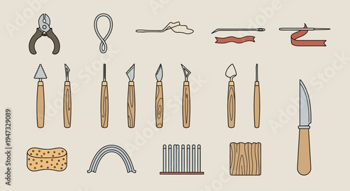 Set of various pottery and sculpting tools for clay modeling and ceramic art.