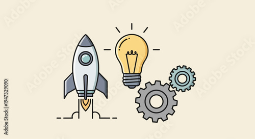 Creative concept of innovation and startup with rocket launching and light bulb.