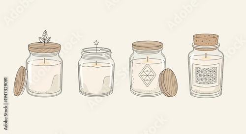 Set of four vintage glass jars with cork lids and different labels containing white powder.