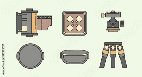 Set of vintage and modern kitchen and photography equipment icons in flat style.