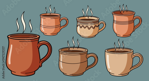 Set of five steaming coffee cups with different shapes and colors on a neutral background.