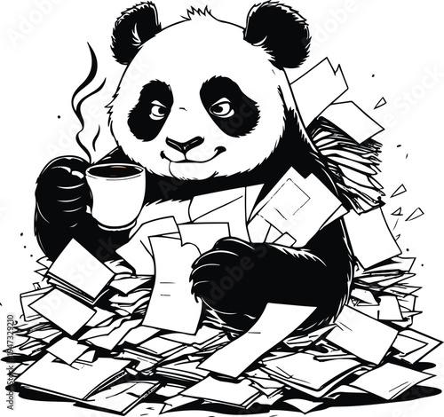 Panda office worker buried under huge pile of paperwork while drinking coffee, dark humor cartoon mascot, bold thick black outline, minimal vector sticker, isolated on white background