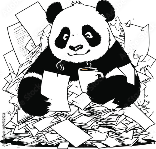 Panda office worker buried under huge pile of paperwork while drinking coffee, dark humor cartoon mascot, bold thick black outline, minimal vector sticker, isolated on white background 1