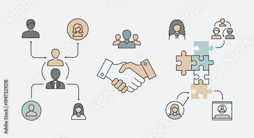 Conceptual illustration of business networking and teamwork with handshake and connected people icons.