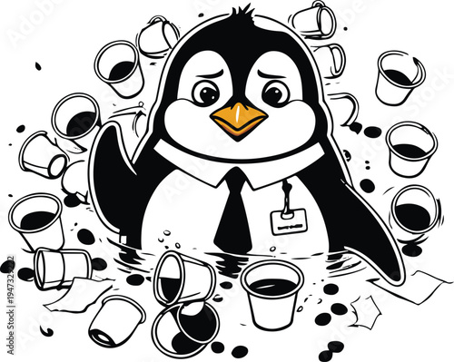  Penguin office worker drowning in coffee cups during late night work, minimal vector mascot, bold black outline, sticker style, white background 1
