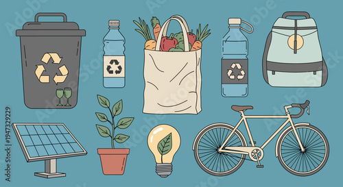 Illustration of sustainable lifestyle elements including recycling bin, reusable bag, bicycle, solar panel, and eco-friendly light bulb.