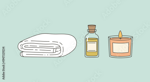 Minimalist wellness essentials featuring towel, essential oil, and candle on pastel background.