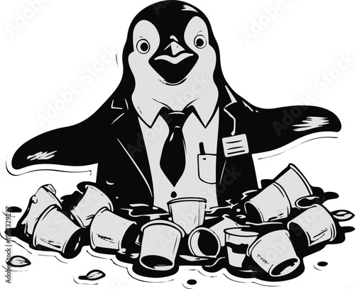  Penguin office worker drowning in coffee cups during late night work, minimal vector mascot, bold black outline, sticker style, white background