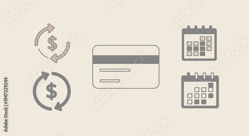 Financial transaction and scheduling icons with credit card and calendar symbols.