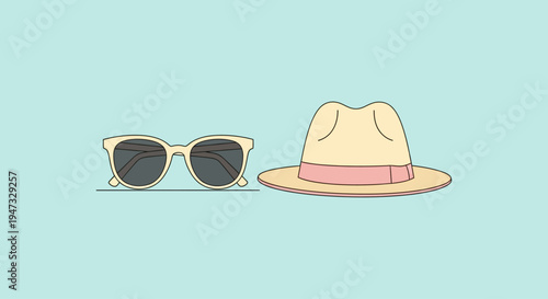 Stylish summer accessories including sunglasses and a fedora hat on pastel background.