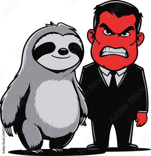 Sloth employee moving slowly while boss watches angrily, ironic cartoon mascot, bold black outline, minimal vector sticker, white background 1