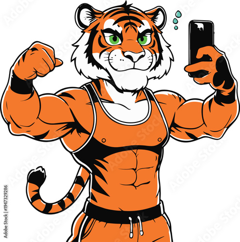 Tiger gym member taking selfie instead of exercising, ironic cartoon mascot, bold black outline, minimal vector sticker, white background 1