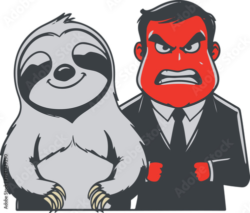 Sloth employee moving slowly while boss watches angrily, ironic cartoon mascot, bold black outline, minimal vector sticker, white background