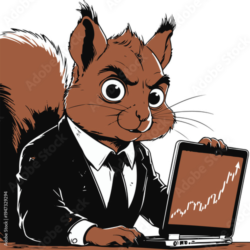 Squirrel stock trader nervously watching falling chart on laptop, dark humor cartoon mascot, bold thick outline, sticker style, white background