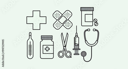 Set of black line medical and healthcare icons including thermometer, medicine bottle, scissors, syringe, stethoscope and bandages.