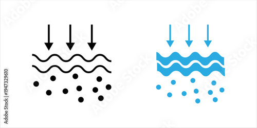Minimal black outline icon illustrating a filtration process where particles are separated from liquid. Suitable for concepts of water purification, filtration technology, environmental protection, an