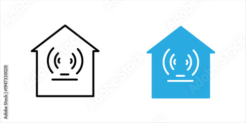 Minimal black outline icon set of a house with wireless signal representing smart home technology. Suitable for concepts of home automation, IoT systems, digital living, and connected home technology.