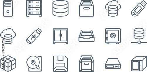 Collection of minimalist line icons representing various digital and physical data storage concepts clearly.