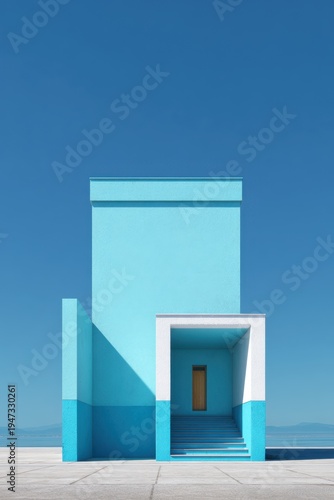 Minimal turquoise architectural facade with centered entrance and stairs by the sea for modern poster background and branding design