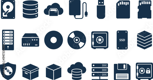 Collection of stylized dark blue icons representing various digital storage media and data security concepts.