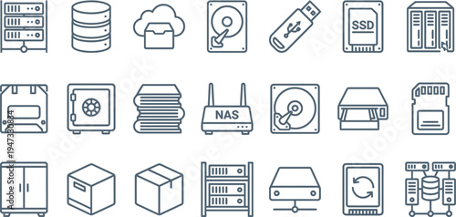 Set of outline icons representing various digital data storage devices and hardware components clearly.