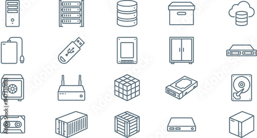 Collection of line icons representing various data storage devices, hardware, and digital security concepts.
