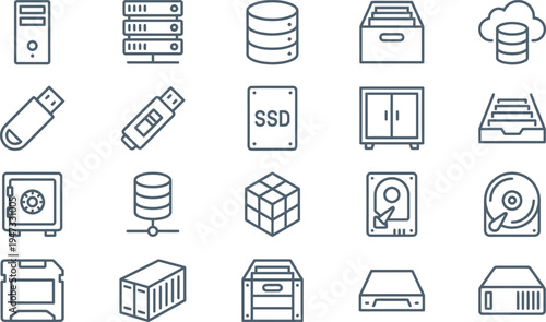 Collection of various data storage icons representing digital information backup and hardware components.
