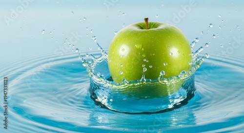 A green apple splashing into a pool of clear blue water, creating ripples and droplets.