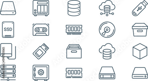 A comprehensive collection of digital data storage and computing hardware technology line icons.
